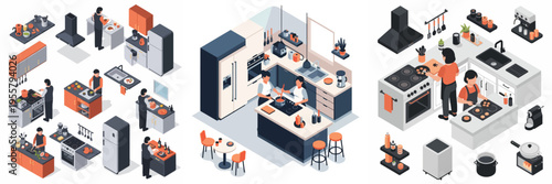 Vector illustration set of a person preparing food in a contemporary kitchen, isometric vector art, clean lines, soft lighting, pastel tones.