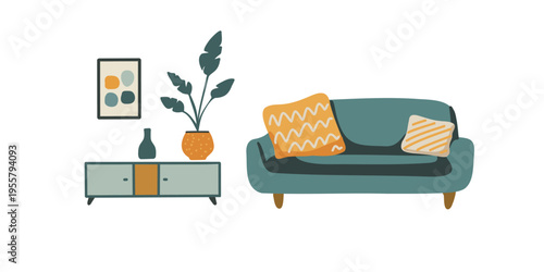 scandinavian style interior with sofa and furniture