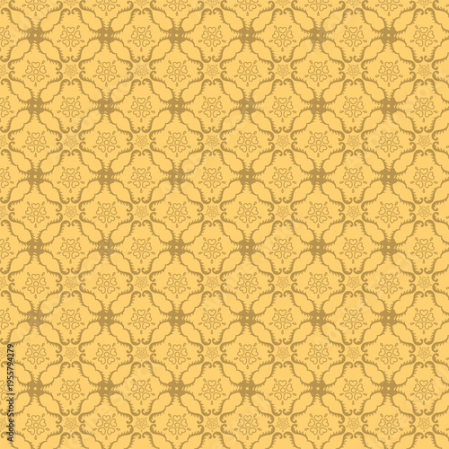 Seamless yellow pattern with floral and curved shapes design