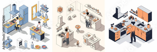 Vector scene of home cooking activity in a modern kitchen interior, isometric vector illustration, outline, warm colors and subtle shadows.
