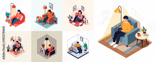 Vector illustration set of a person enjoying a book in a comfortable corner, isometric vector art, soft light, relaxing pastel colors