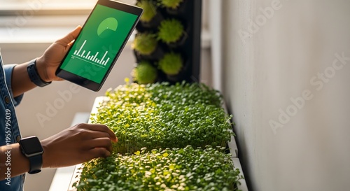 Farmer holding tablet monitoring microgreens growth data with charts, smart urban farming and sustainable agriculture concept, healthy food production
