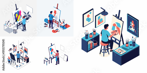 Vector scene of an artist working on a canvas, isometric vector art, vivid colors and creative environment