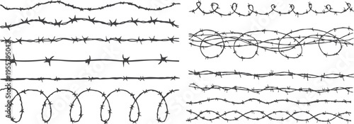 Barbed wire collection, wavy razor wire and twisted sharp steel fence, prison and military barrier concept, seamless vector set with danger warning silhouette