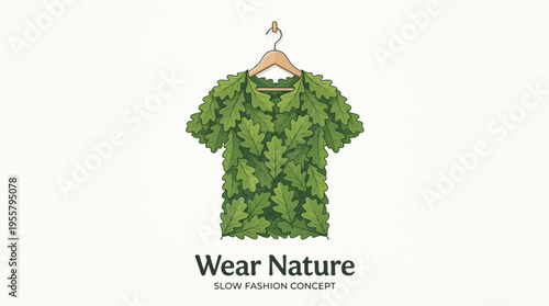 Sustainable slow fashion concept vector, green leaf t-shirt on wooden hanger, eco-friendly clothing illustration with Wear Nature text