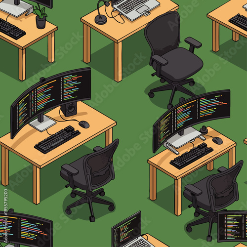 Isometric office workspace with multiple computer setups, coding screens, and ergonomic chairs, seamless pattern background