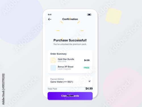 This mobile app user interface shows a successful transaction screen for a digital game pack, featuring an order summary, payment method, and a button to claim rewards.