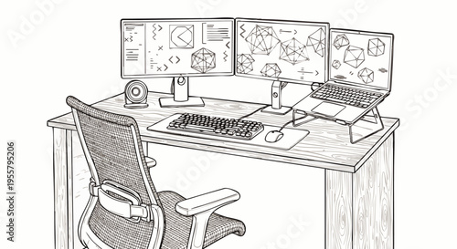 Modern computer workstation with multiple monitors, laptop, keyboard, mouse, and ergonomic chair, clean sketch illustration