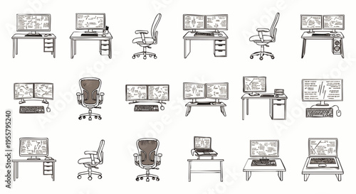 Collection of computer workstations and ergonomic chairs in a hand-drawn sketch style, representing modern office setups and remote work environments.
