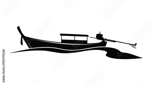 Traditional Asian longtail boat silhouette navigating tranquil waters, a striking symbol of tropical travel and coastal adventures