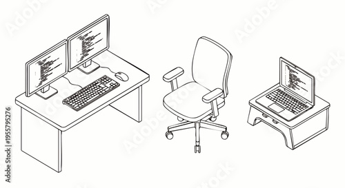 Isometric illustration of a desk with dual monitors, an ergonomic chair, and a laptop on a stand, representing a modern workspace.
