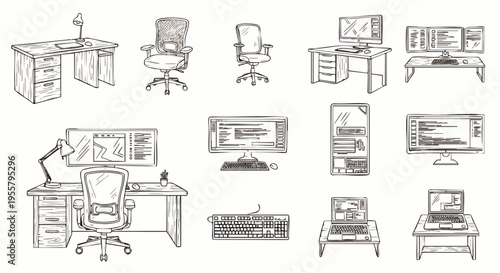 Hand-drawn collection of office desks, chairs, computers, and laptops for a modern workspace.