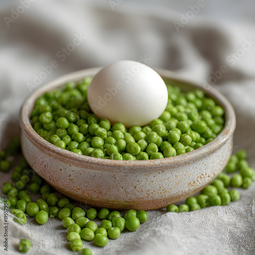 Macro photography of a single egg resting on a bed of fresh green peas in a rustic ceramic bowl. - Image #1 @Ai content creator