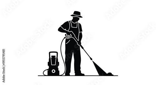 Man using a pressure washer depicted in a striking silhouette