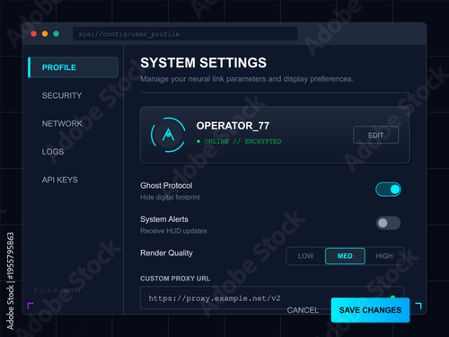 A futuristic dark mode user interface for system settings featuring a profile for a digital operator with options for ghost protocol, system alerts, and render quality settings.