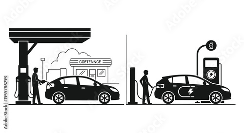 Comparing traditional gasoline and electric vehicle refueling a stark contrast silhouette