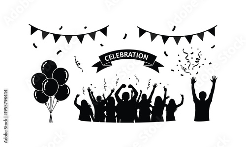 Celebration crowd with balloons, confetti, and banners vector illustration.