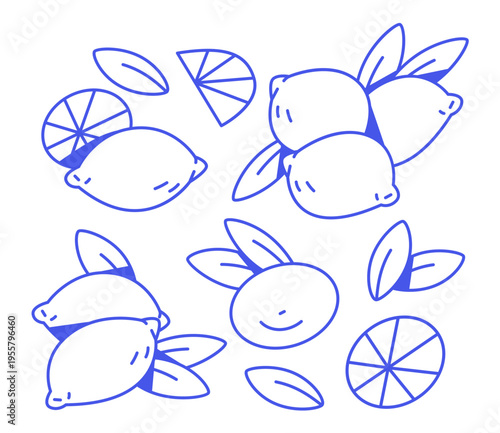 Simple blue lemons doodle, fresh citrus fruit illustration