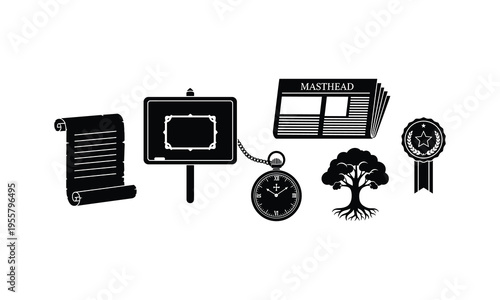 Historical and information elements vector graphics with scroll newspaper tree award and pocket watch
