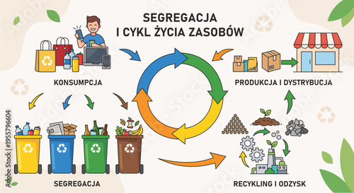 Circular economy infographic with waste segregation, recycling process, consumption and production cycle in flat style