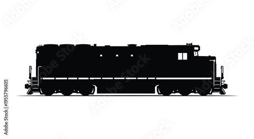 Detailed black silhouette of a diesel locomotive on a white background silhouette