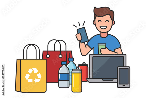 Happy Consumer with Shopping Bags and Electronics Illustration
