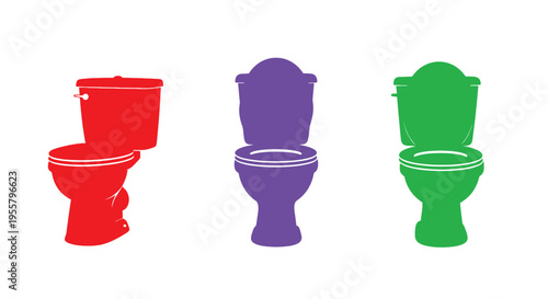 Colorful toilet designs arranged in a row simple silhouette