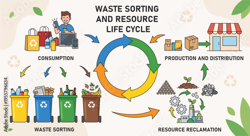 Waste sorting and resource life cycle infographic showing consumption, recycling and production in flat design style