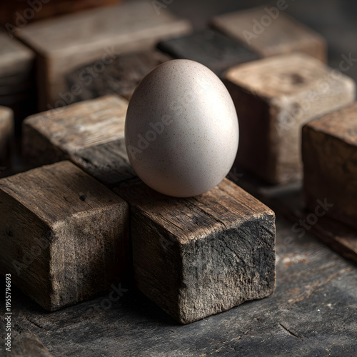 Macro photography of a single egg resting on a pile of vintage wooden blocks on a rustic table. - Image #1 @Ai content creator