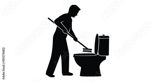 Man cleaning a toilet with a brush stark black silhouette