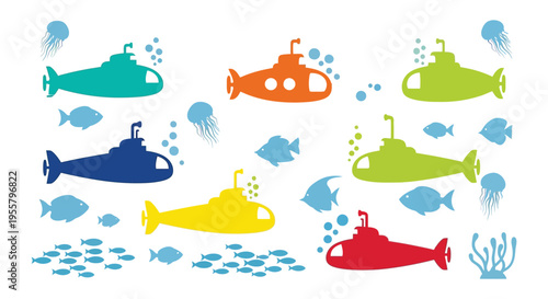 Colorful submarines and marine life depicted in a flat graphic silhouette