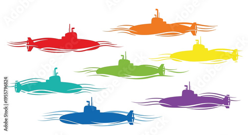 Colorful submarines travel through waves depicted in a striking silhouette