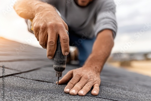 A construction worker using a cordless drill to install asphalt shingles on a roof, ensuring weatherproof protection for a residential building during roofing repairs.