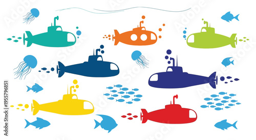 Colorful cartoon submarines and marine life swim beneath wavy lines silhouette