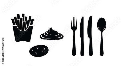 Black silhouettes of fast food items and cutlery on a white background silhouette
