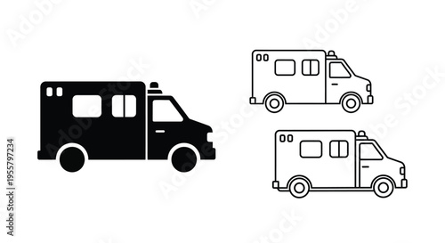 Simple ambulance illustrations in varying styles a black silhouette