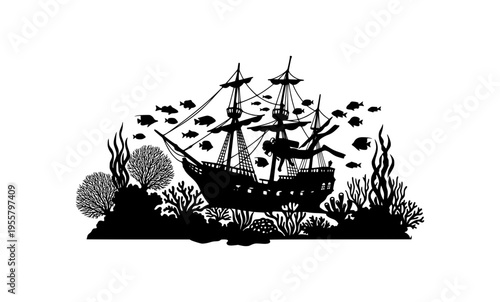 Sunken shipwreck and scuba diver underwater silhouette, ancient sailing boat on ocean floor with coral reef and fish vector illustration.