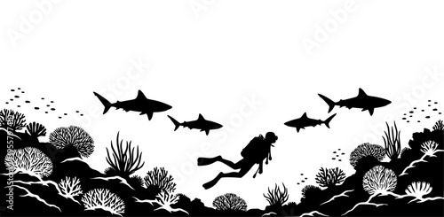 Scuba diver swimming with sharks silhouette, underwater ocean reef with wild marine life and coral floor vector illustration.