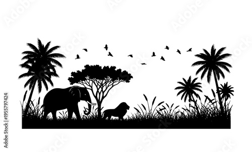 Photography African safari landscape silhouette with elephant and lion, wild animals in savanna with palm trees and birds vector illustration