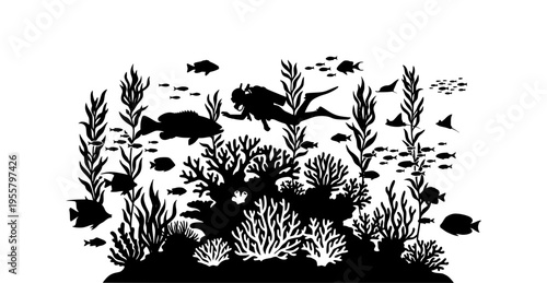 Scuba diver swimming in coral reef silhouette, underwater ocean life with tropical fishes and seaweed plants vector illustration.