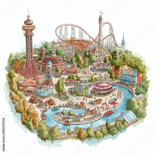 Knott?s Berry Farm. Knott?s Berry Farm hand drawn watercolor illustration