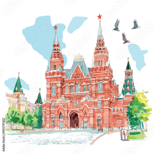 Red Square and State Historical Museum. Red Square and State Historical Museum watercolor vector illustration