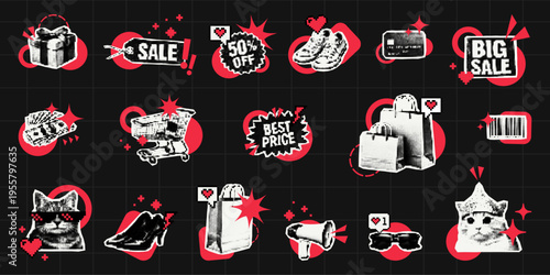 Trendy halftone collage vector elements for commercial e-commerce advertising. Set of isolated stickers featuring shopping items, discount labels, social media icons, and funny cat character.