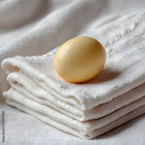 Macro shot of a single pale yellow egg resting on a stack of white folded linen napkins. - Image #2 @Ai content creator
