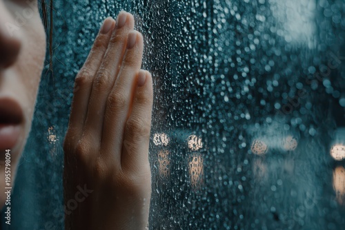 A melancholic scene of a woman's hand resting on a rain-streaked window, conveying a sense of longing and introspection, with blurred city lights in the background.