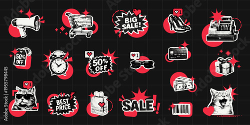 Trendy halftone collage sticker set featuring shopping and retail icons. Digital vector graphic with pop art style elements for e-commerce, advertising, discount, marketing and social media.