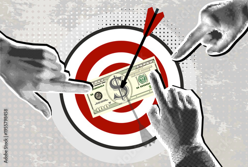 Trendy Halftone Collage hands pointing target with an arrow and dollar bill in the center. Modern collage. Successful business concept. Reach the goal. Trendy newspaper cut out paper elements