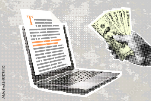 Trendy Halftone Collage Online education, creative writing and storytelling, distant learning. Template for banner, poster, social media and ads. Vector illustration. Contemporary art. Vector