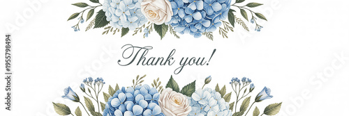 Blue and cream floral arrangement with thank you text white hydrangea