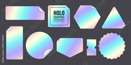 Collection of blank holographic stickers of various shapes. Iridescent gradient sticker set with glossy surface, curled corners and place for your design. Ideal for branding, promo, packaging, etc.